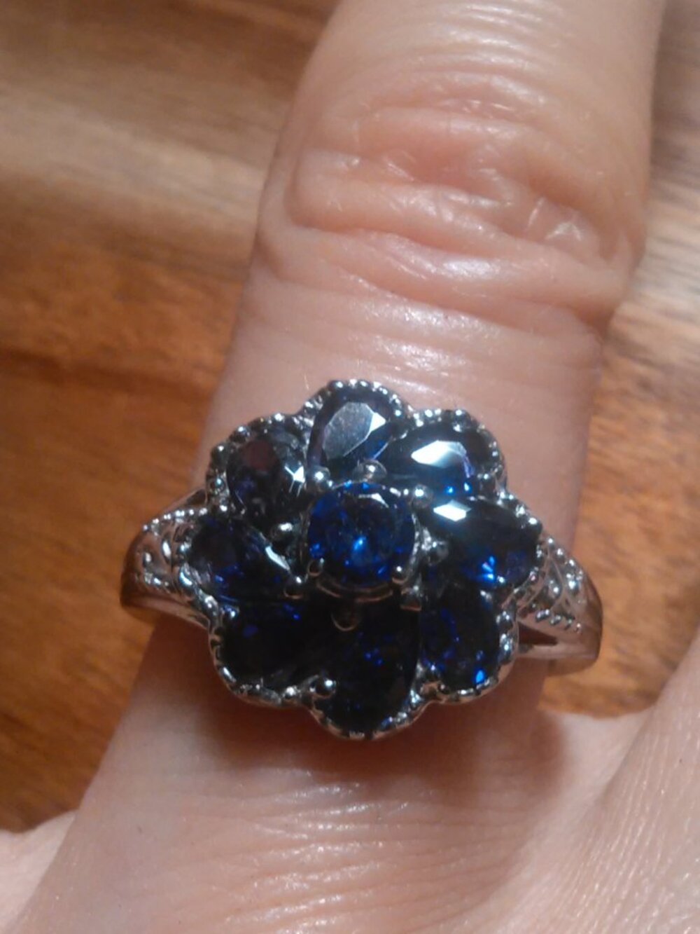 Simulated Blue Diamond Stainless Steel Floral Ring (Size 7)